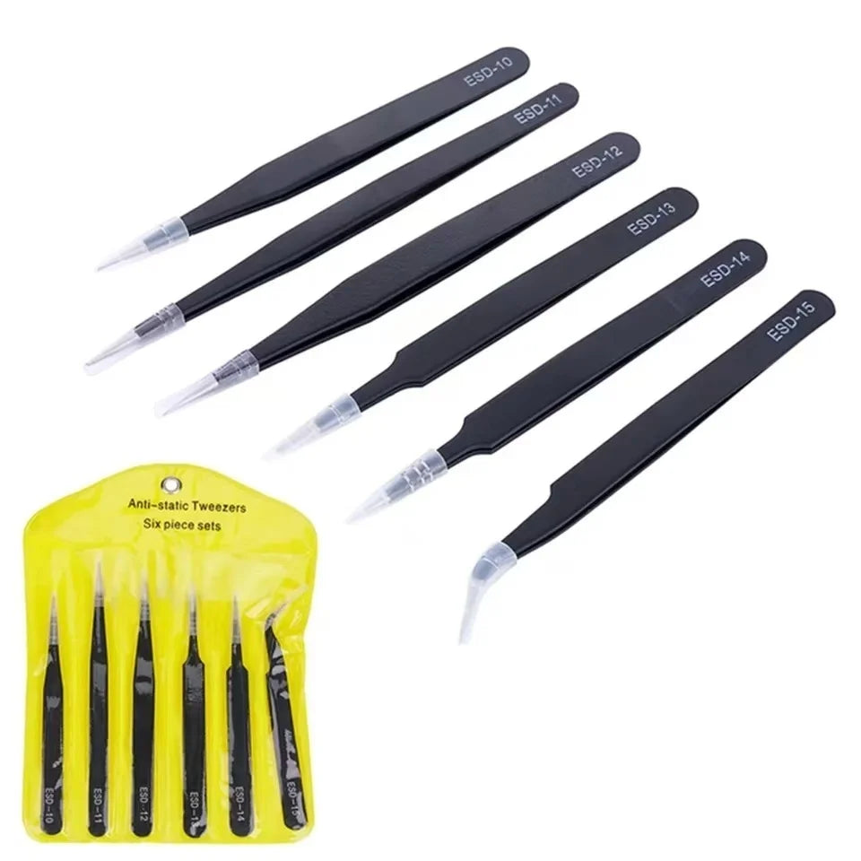 Antistatic Stainless Steel Tweezers Set - 6-Piece Precision ESD Tweezers (Curved & Straight) for Electronics Repair, Model Making & Beauty