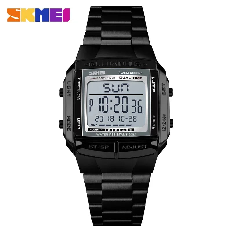 Men's Waterproof LED Digital Sport Watch – 30M (3ATM) Water Resistant, Stainless Steel Band, Military Style
