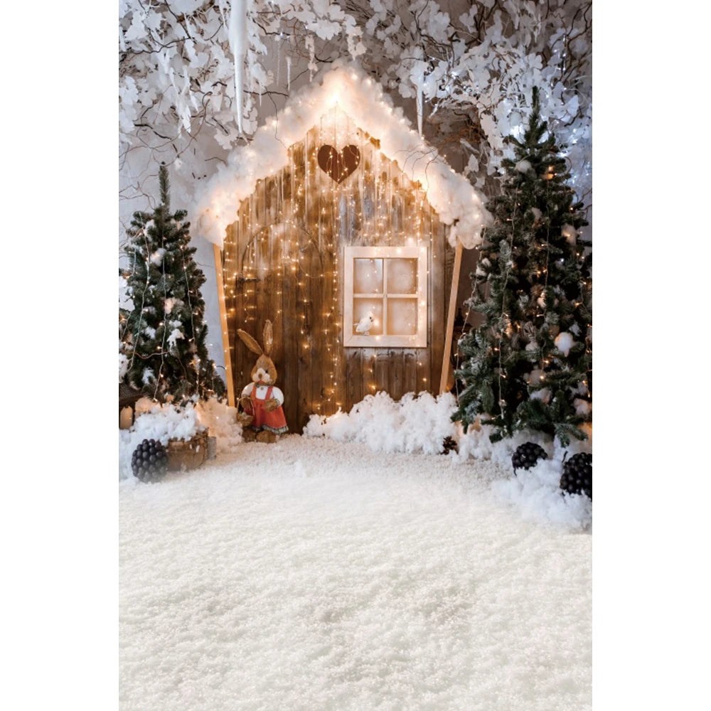 Christmas Photography Backdrop - Santa, Tree & Fireplace Winter Snow Wood Floor Portrait Background