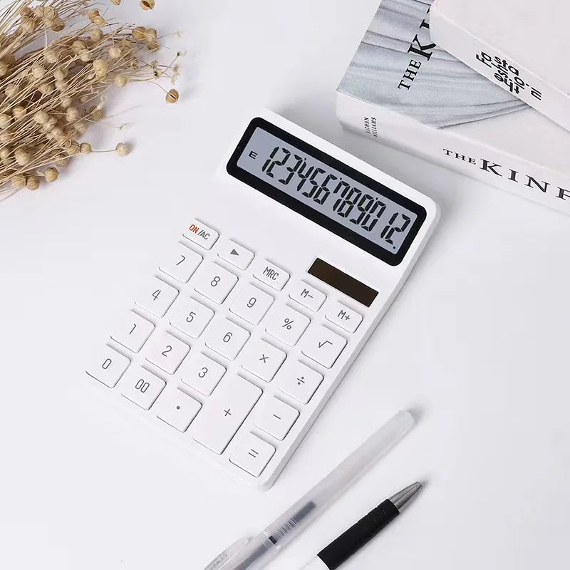 12-Digit Solar Calculator Dual Power (Solar + Coin Battery) — Portable Desktop Calculator for Office, School & Home