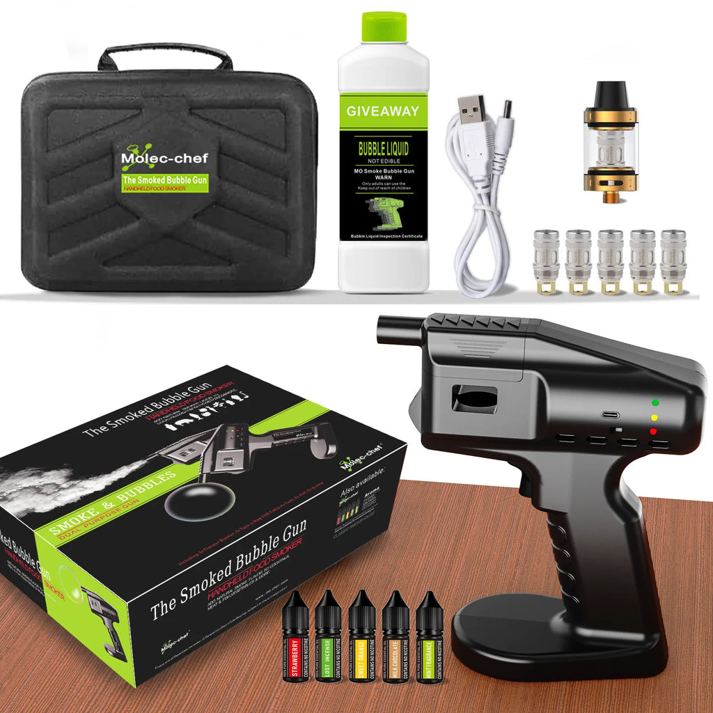 Cocktail Smoker & Smoke Bubble Gun Kit — Rechargeable Bartender Tool with Aroma Vials, Smoke Bubble Liquid & Travel Bag