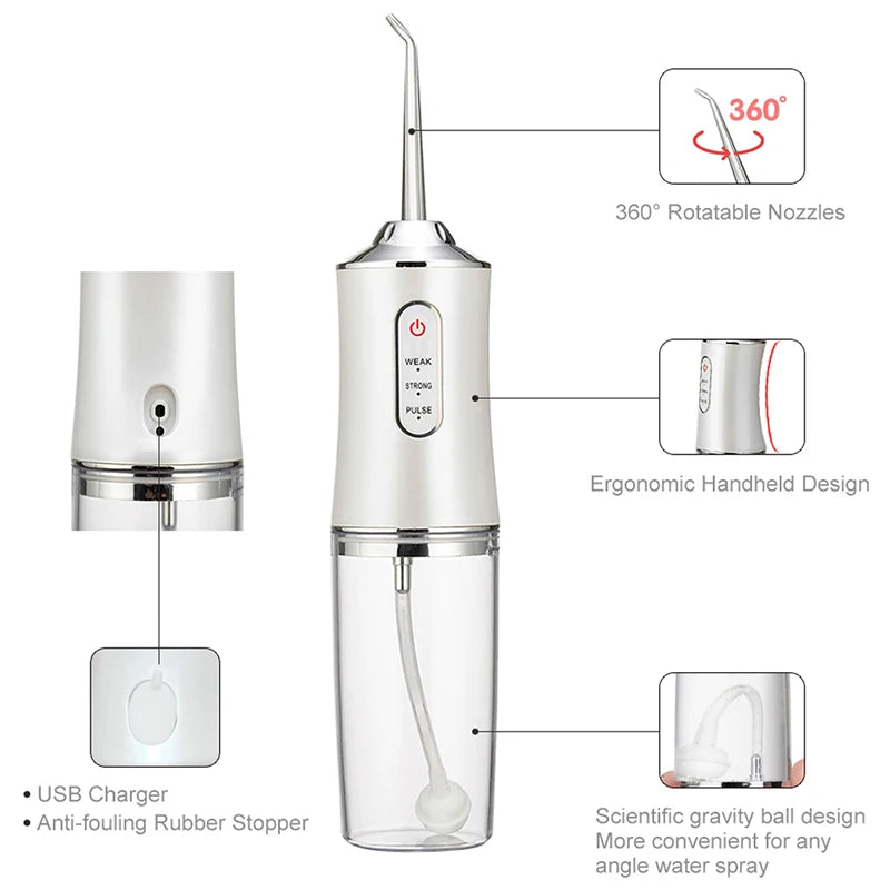 Portable Rechargeable Water Flosser Oral Irrigator USB – 3 Modes, IPX7, 4 Nozzles, 220ml (7.4 fl oz)