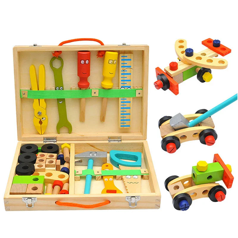Montessori Wooden & Plastic Kids Toolbox Set - Educational DIY Carpenter Pretend Play Tool Kit for Children