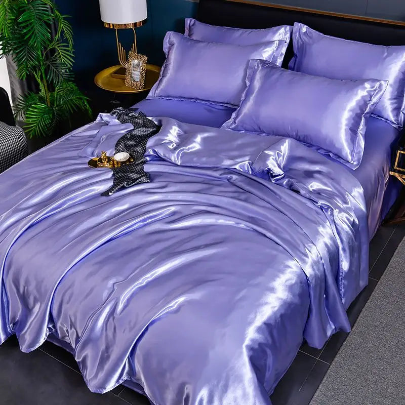 Ice Silk Satin 4-Piece Duvet Cover Set – Silky Solid Color Bedding (Duvet Cover + 2 Pillowcases + Sheet), Fits 1.5–2.2 m (5–7 ft) Beds