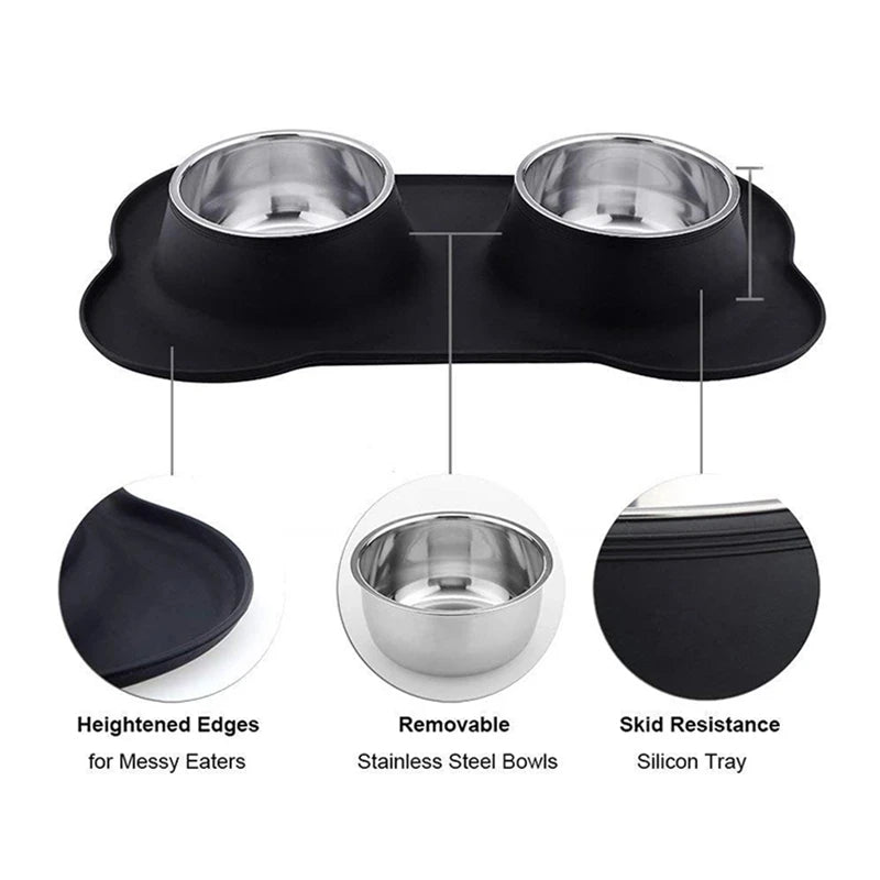 Double Stainless Steel Pet Bowl with Non-Slip Silicone Mat – Durable Food & Water Feeder for Dogs & Cats (S/M/L)