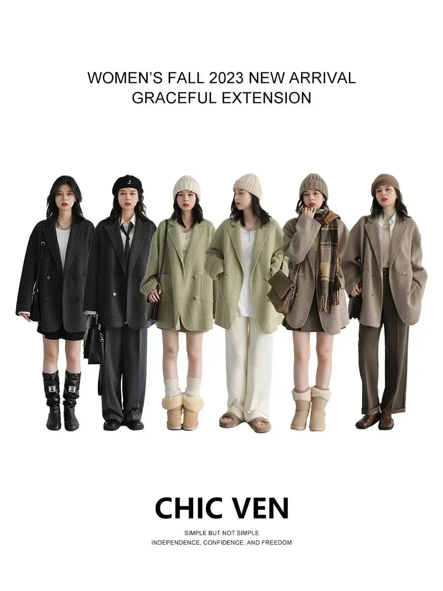 Women's Wool Blend Double-Sided Coat Loose Retro Double-Breasted Office Outerwear for Autumn Winter