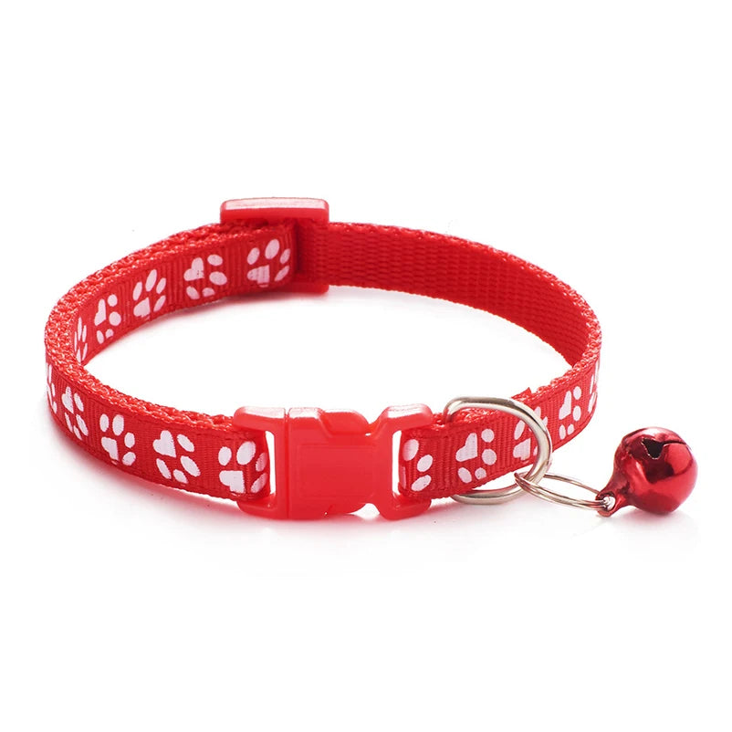 Adjustable Cat Collar with Bell and D-Ring, Dog-Print Rope Necklace, Multiple Colors