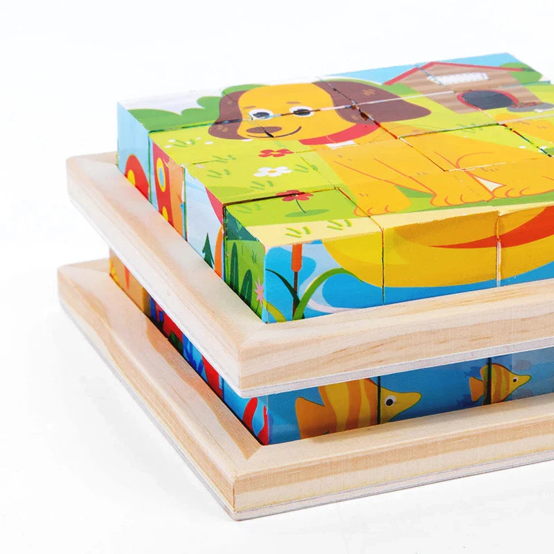 Wooden Six-Sided Animal Matching Puzzle Blocks Set – Montessori Early Learning Toy (Ages 3+)