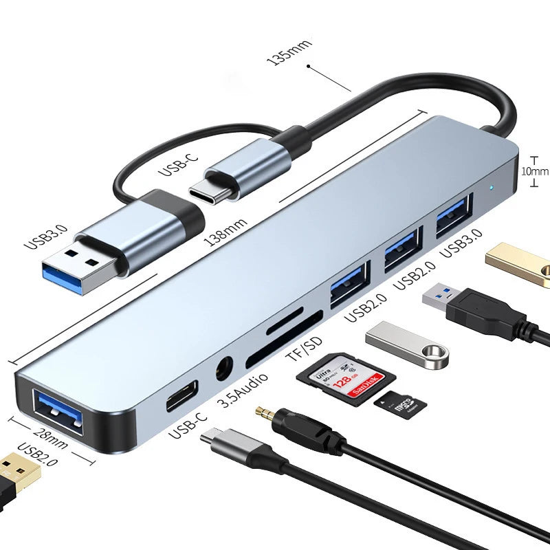 8-in-1 USB Hub Docking Station with USB-C & USB-A, SD/TF Card Reader and 3.5mm Audio Jack for Laptop Tablet Phone