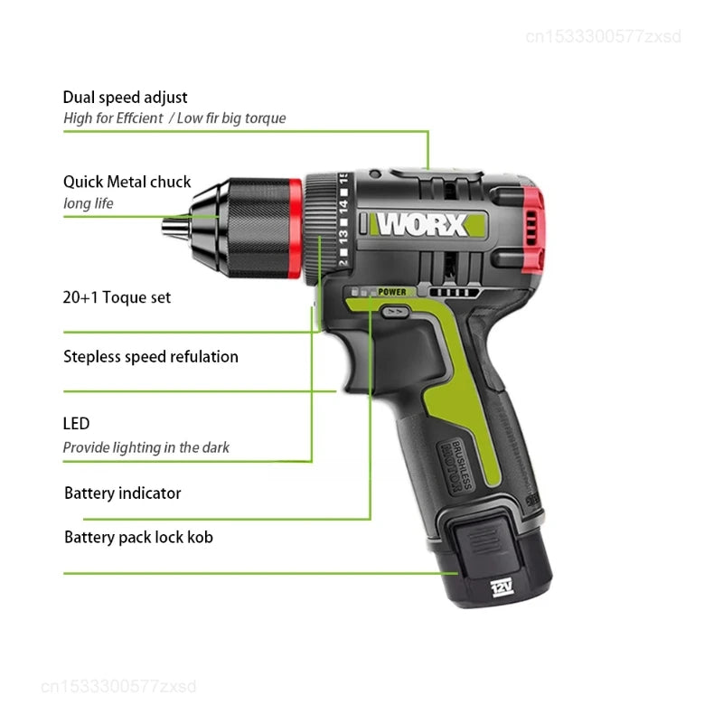 Cordless 12V Brushless Electric Screwdriver Drill 40 N·m 10mm (3/8in) Chuck 2.0Ah Lithium Battery for Home DIY & Metalworking