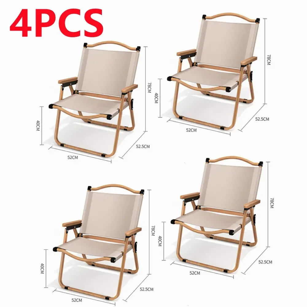 Khaki Folding Camping Chair with Beech Wood Armrests – 600D Oxford Fabric, Steel Frame – Portable Outdoor Chair (1/2/4-Pack)