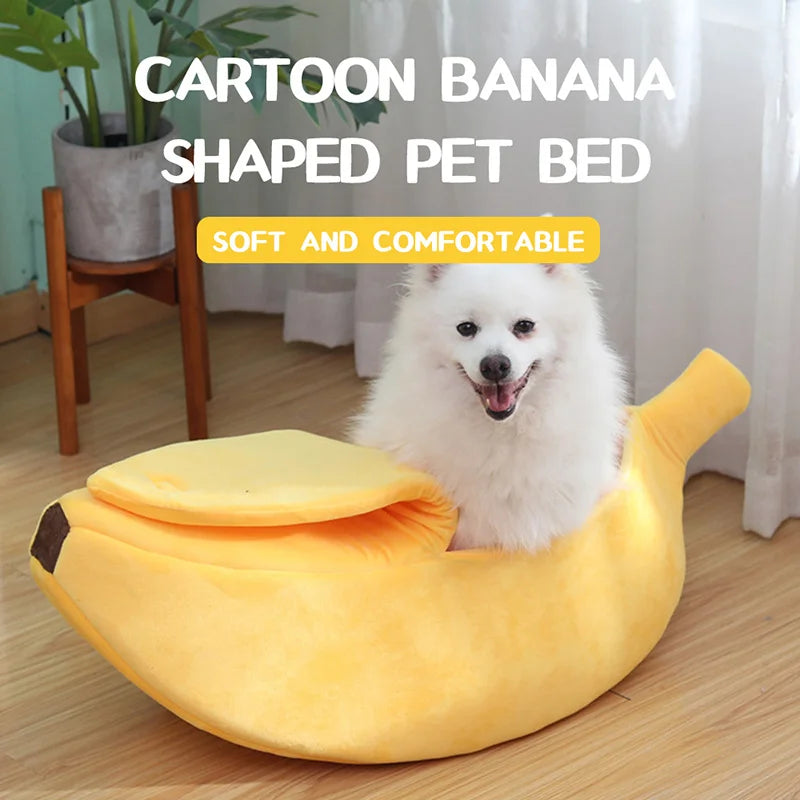 Banana-Shaped Plush Pet Bed – Cozy Cat & Small Dog House, Small (40×12×19 cm / 15.7×4.7×7.5 in) & Medium (51×14×20 cm / 20.1×5.5×7.9 in) – Yellow, Pink, Beige, Green