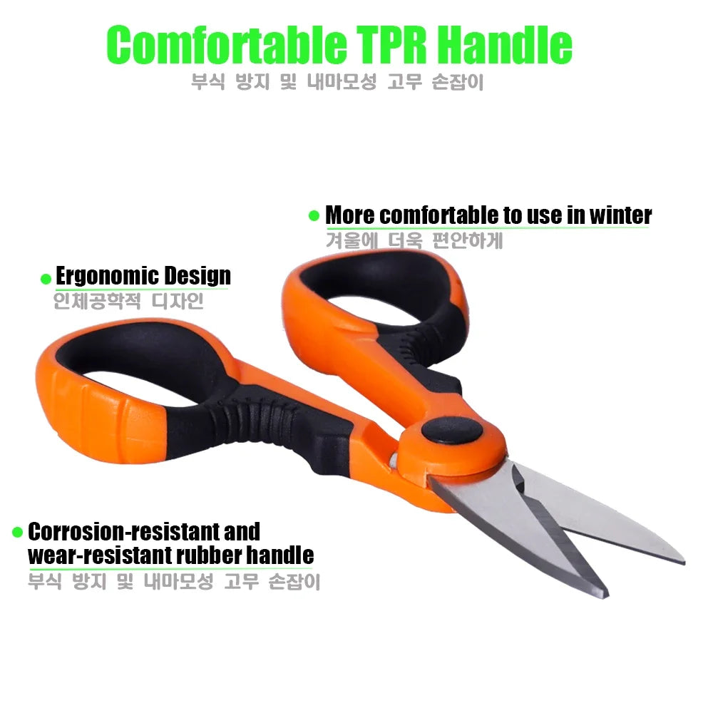 Fishing Line Scissors 140mm (5.5in) Stainless Steel Tungsten Carbide Cutter Non-Slip Rubber Handle with Protective Sheath