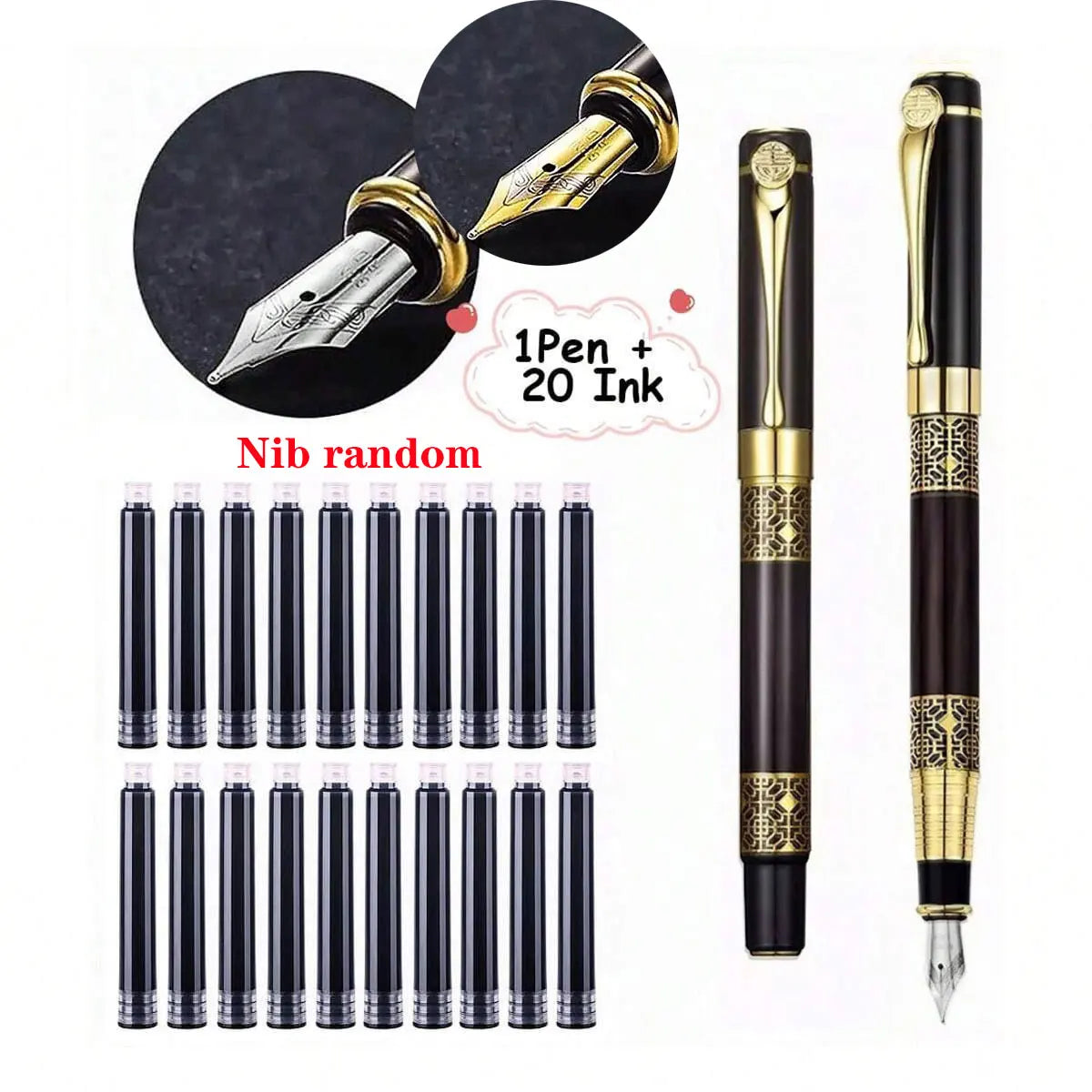 Retro Metal Fountain Pen Set (1–100 pcs) with Replaceable Ink, Elegant Writing Gift for Office & School