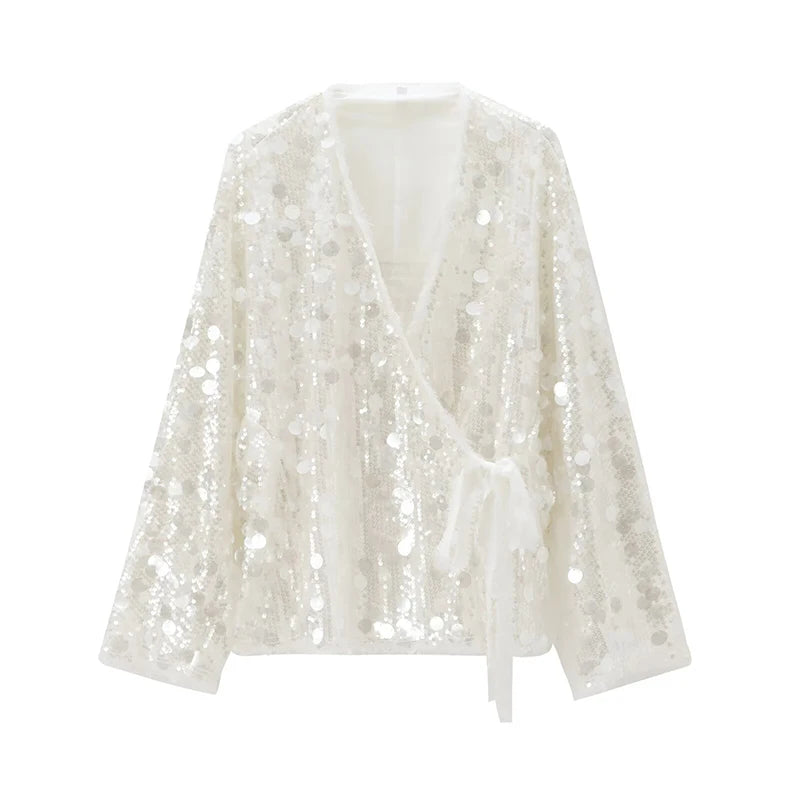 Women’s Sequin Kimono Jacket V-Neck Long Sleeve Patchwork Wrap Coat with Lace-Up Belt