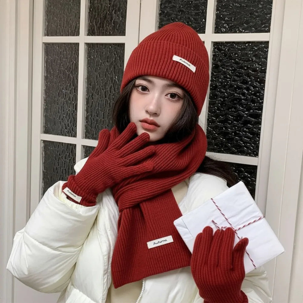 Women's 3-Piece Red Knit Cotton Hat, Scarf & Gloves Set — Thick Winter Beanie with Ear Protection, Warm Holiday Gift