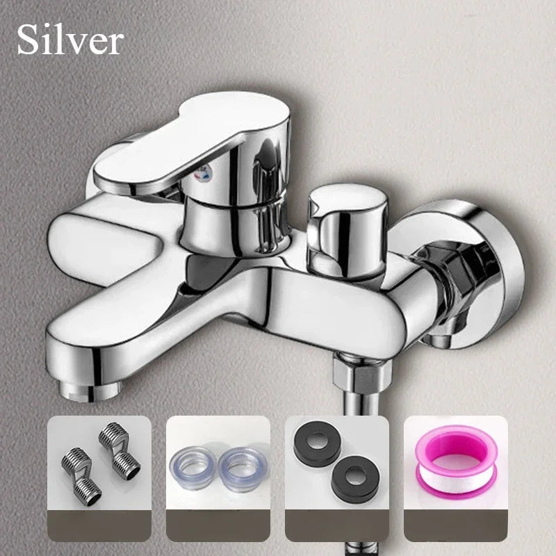 Wall-Mount Bathtub Faucet Mixer with Handheld Shower – 3-Mode Spray, 150 cm (59 in) Hose, Chrome-Plated Brass