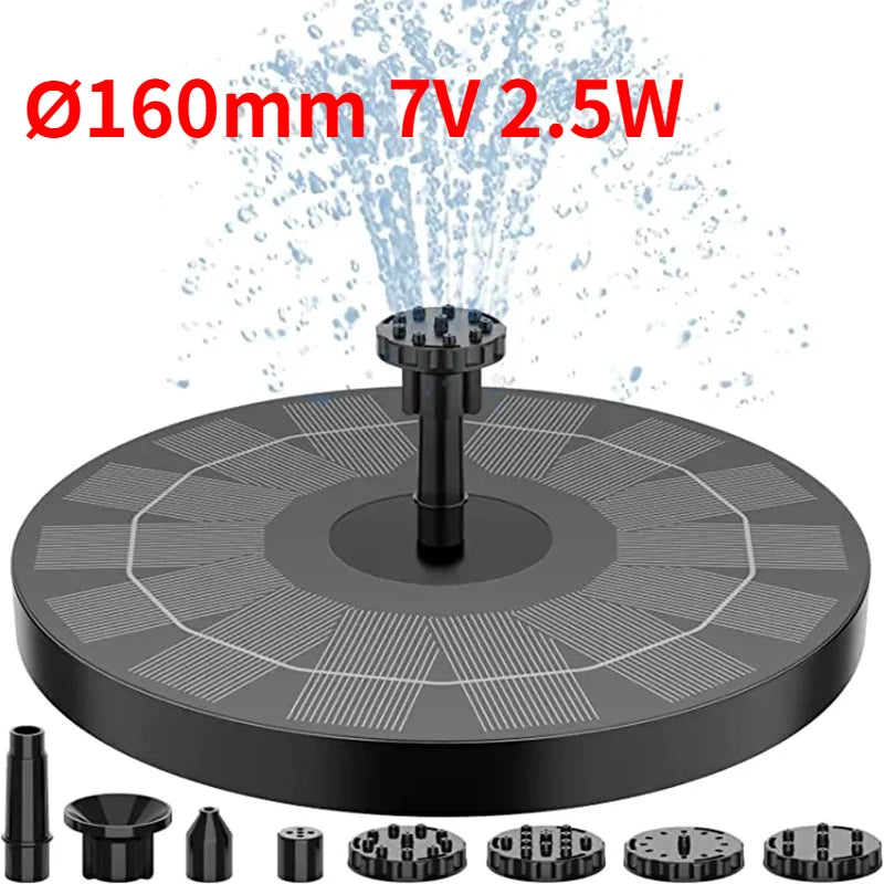 Solar Fountain Pump Kit for Garden Pond & Bird Bath — 1W, 1.5W, 2.5W with 6 Interchangeable Nozzles