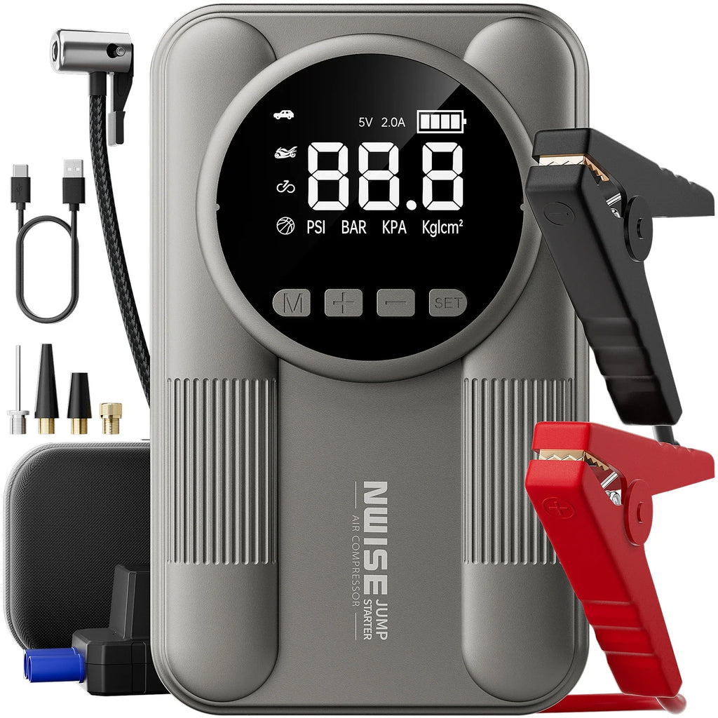 Car Jump Starter with Air Pump – 18,000–20,000mAh 12V Power Bank, 1200A+ Peak, 150 PSI (10.3 bar) Tire Inflator, USB & LED SOS Light
