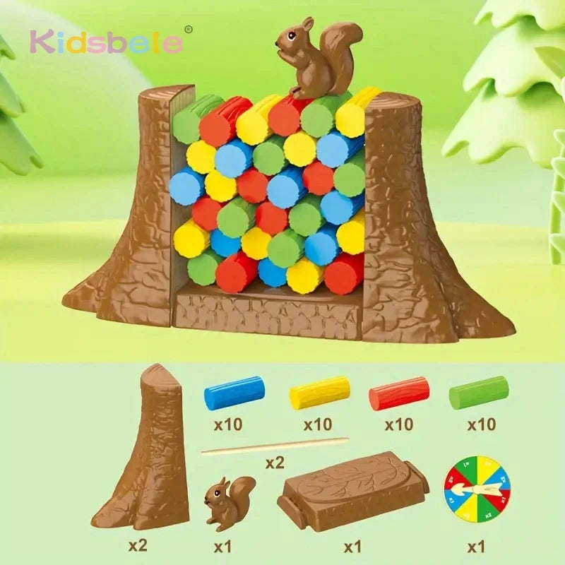 Kids Balance Tower Stacking Game - Squirrel Rescue Block Puzzle with Roulette Spinner, Family Party Game