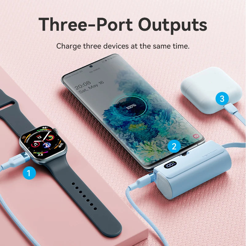 Mini Power Bank 4800mAh 22.5W USB-C PD Portable Charger with Built-In Lightning Cable – Fast External Battery for iPhone Samsung Xiaomi