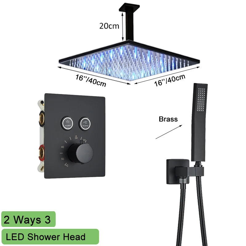 Big Black Thermostatic Ceiling-Mounted Rainfall Shower System with Hand Shower – Thermostatic Mixer Tap, 150 cm (59 in) Hose, 400+ mm (15.7+ in) Rain Head