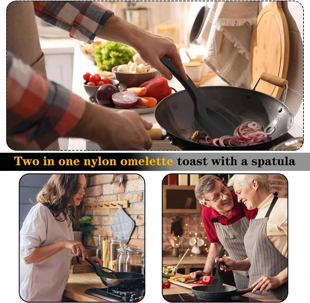 2-in-1 Grip & Flip Spatula Tongs – Nylon Nonstick Egg Flipper, Pancake & Omelet Turner