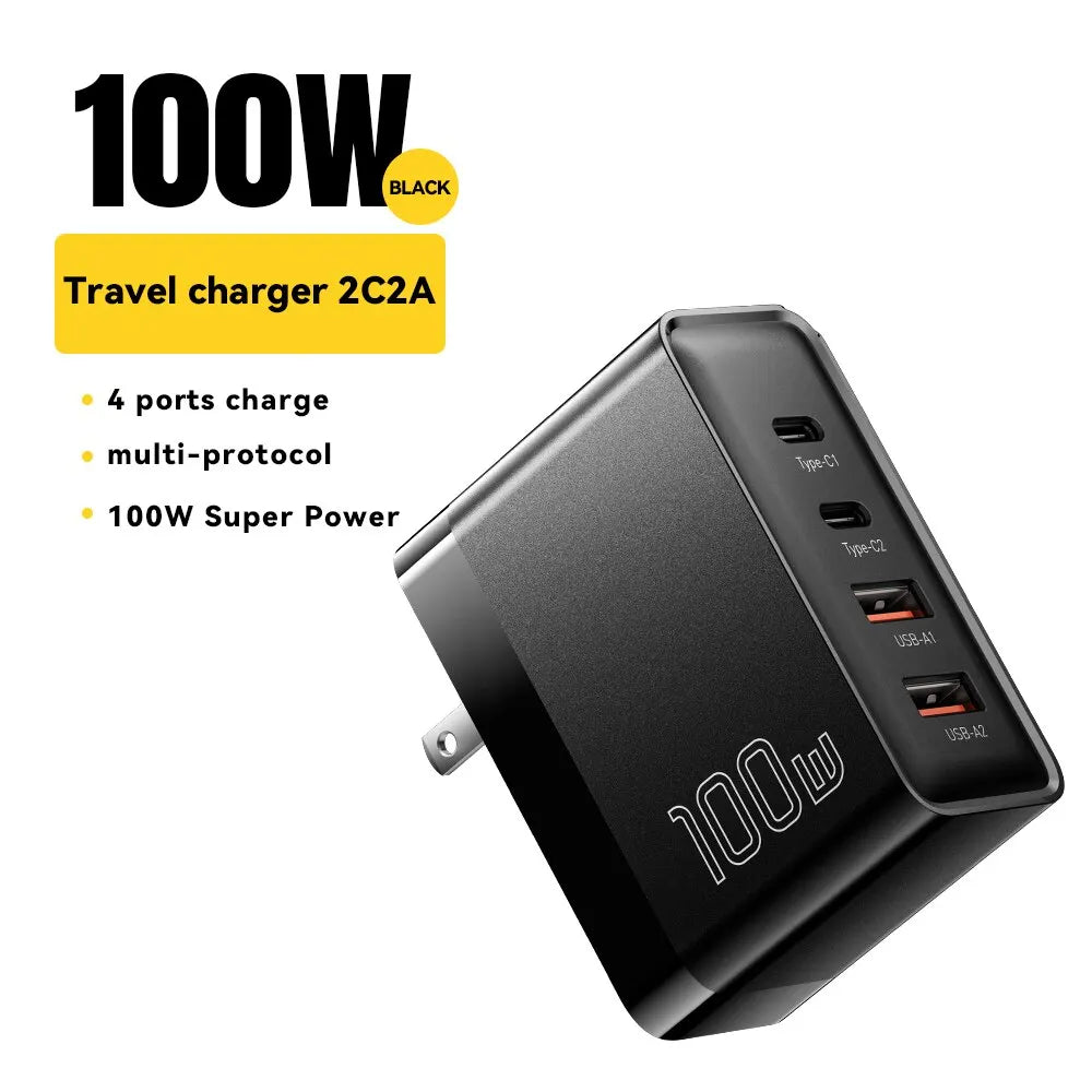 100W GaN 4-Port USB-C PD & QC Fast Charger (2 USB-C, 2 USB-A) — Power Delivery for Laptops, Phones & Tablets