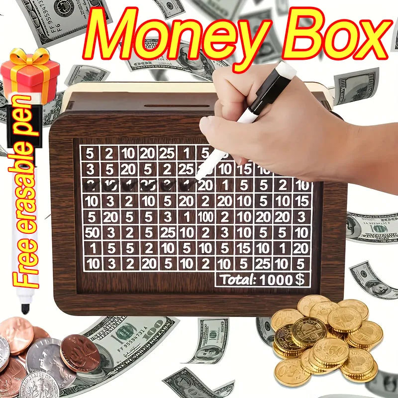 Handmade Wooden Money Box with 10,000 Savings Goal Counter – Reusable Piggy Bank for Kids & Adults