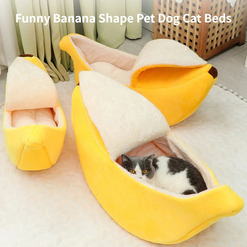 Banana-Shaped Plush Pet Bed – Cozy Cat & Small Dog House, Small (40×12×19 cm / 15.7×4.7×7.5 in) & Medium (51×14×20 cm / 20.1×5.5×7.9 in) – Yellow, Pink, Beige, Green