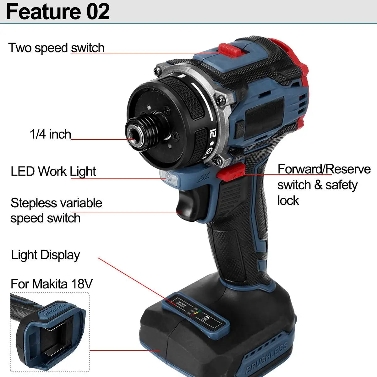 1/4 in (6.35 mm) Brushless Cordless Electric Screwdriver — 21+1 Torque, Two-Speed 0-4000 RPM, 18V Battery Compatible (Battery Not Included)
