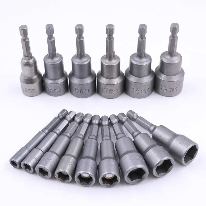14-Piece Chrome Vanadium Hex Socket Bit Set - 1/4-inch (6.35mm) Universal Hex Shank with Extension Rods & Pneumatic Screwdriver Inserts