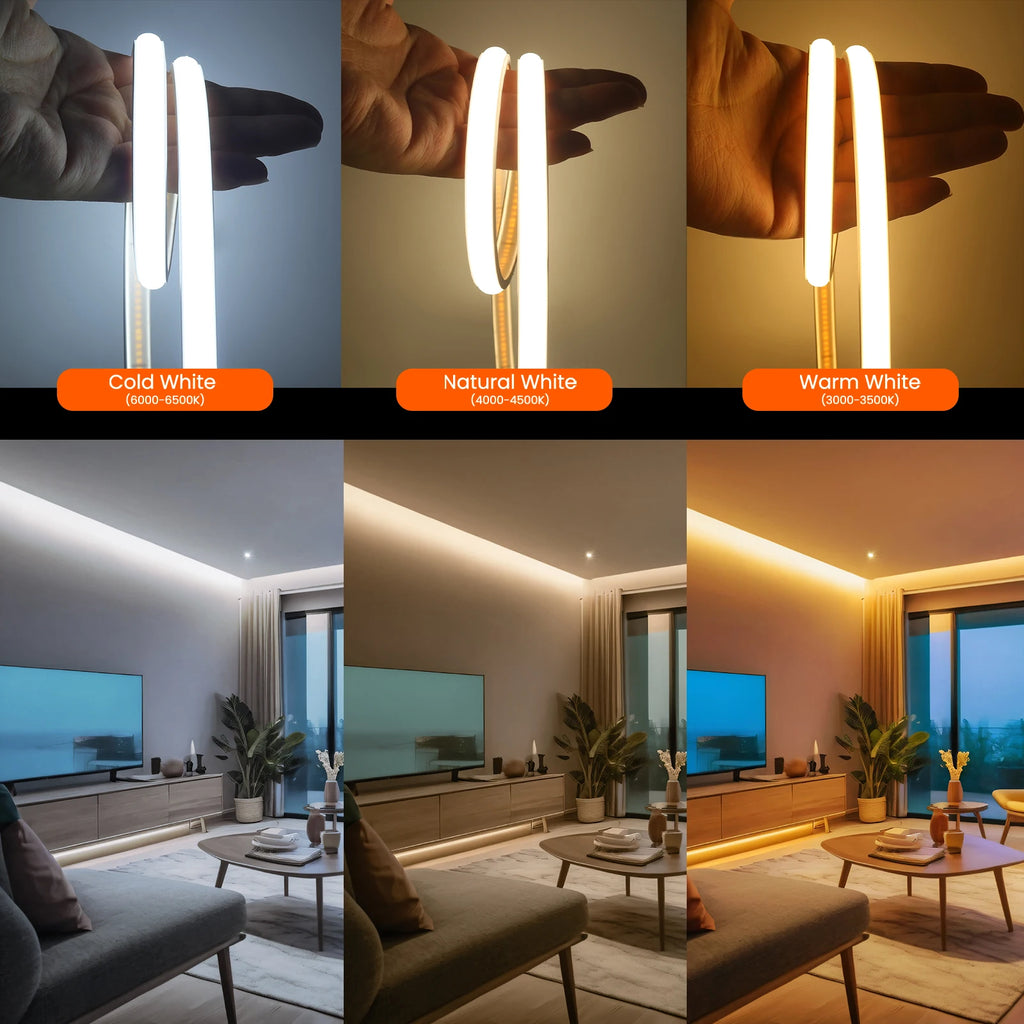 COB Neon LED Strip 12V/24V – 320 LEDs/m Waterproof Flexible Rope Light, 3000K/4000K/6000K, 0.5–20M (1.6–65.6 ft)