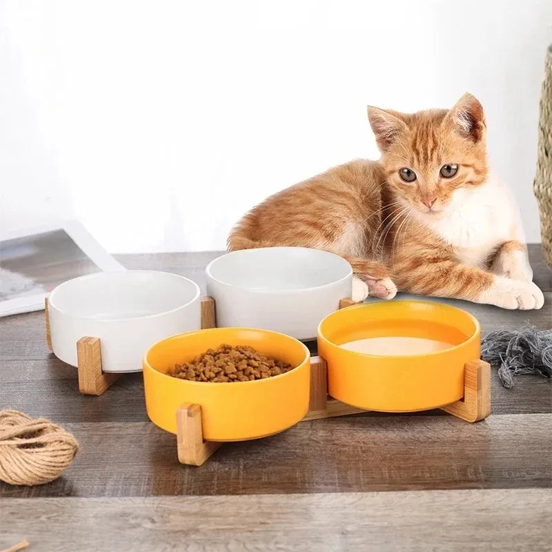 Elevated Ceramic Pet Bowl with Bamboo Wood Stand – 300ml (11cm/4.3 in) & 400ml (13cm/5.1 in) Dog & Cat Feeding Bowl