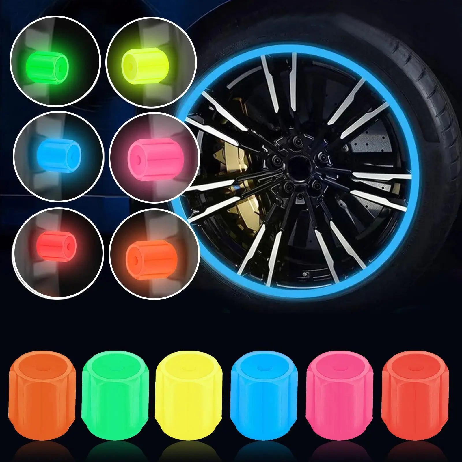 4-Pack Luminous Tire Valve Stem Caps 16×12×12mm (0.63×0.47×0.47 in) Glow-in-the-Dark Rhinestone Wheel Caps for Car Motorcycle Bike