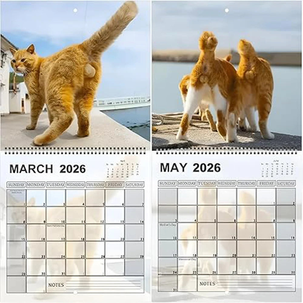 Funny Cat Butt 12-Month Wall Calendar — Cat Tail Family Planner for Living Room & Bedroom
