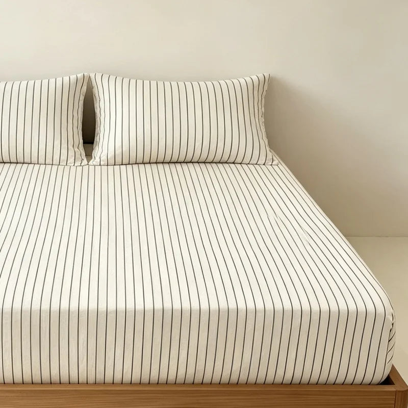 3-Piece Stripe Fitted Sheet Set – Elastic Anti-Slip Adjustable Mattress Cover with 2 Pillowcases, Fits 39–86.6 in (100–220 cm)