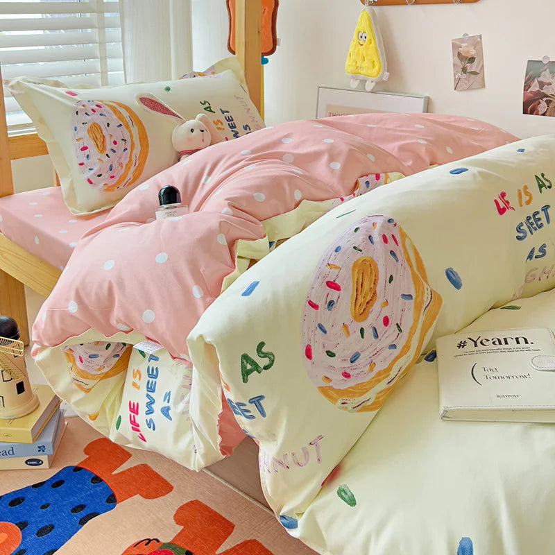 3-Piece Printed Quilt Set for Women – Japanese Korean Cartoon Bedding (1 Quilt + 2 Pillowcases)