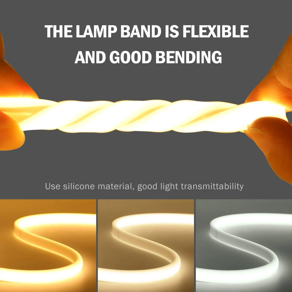 220V COB LED Strip Light 288 LEDs/m IP65 Dimmable with Switch or Dimmer Plug — 3000K 4000K 6000K Waterproof Indoor/Outdoor