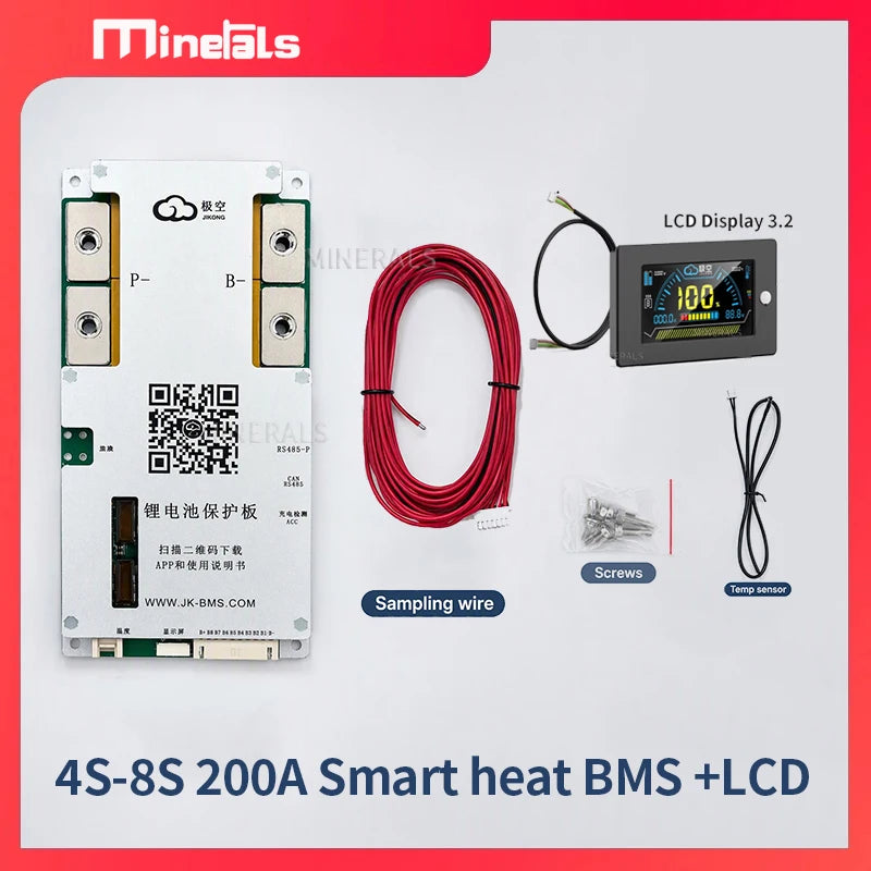 Smart BMS 3S–8S 200A Battery Management System with 2A Active Balance, Bluetooth APP & LCD — Li‑ion / LiFePO4, 12V/24V