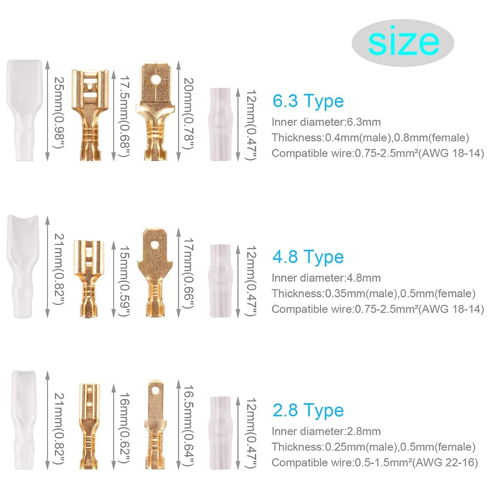 270-Piece Insulated Male & Female Wire Spade Connector Kit 2.8/4.8/6.3 mm (0.11/0.19/0.25 in) – Electrical Crimp Terminals with Storage Box