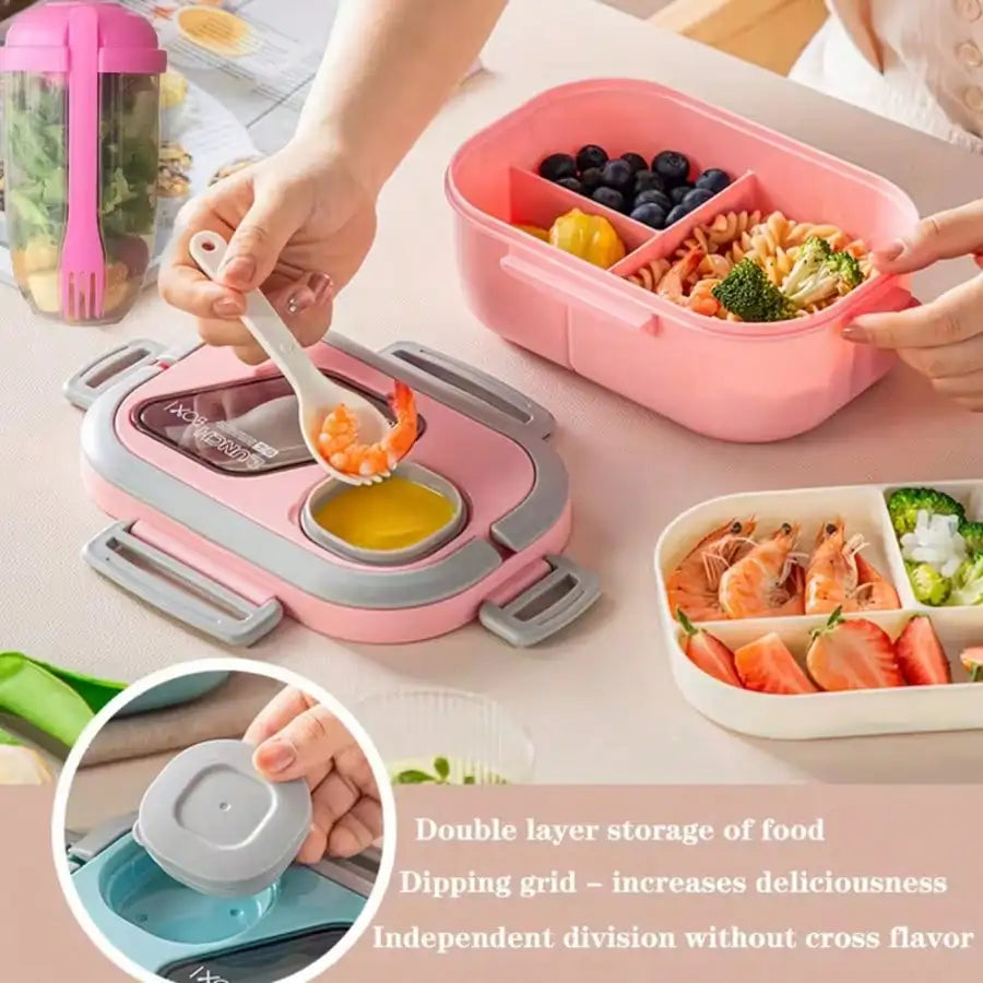 Double-Layer Multi-Compartment Lunch Box Set with Cup & Portable Lunch Bag – Bento Food Storage for School, Office, Picnic