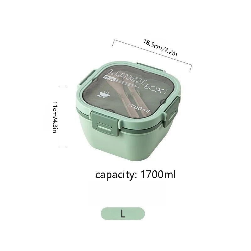 Double Stackable 50 oz (1.48 L) Lunch Box - 4-Compartment Salad Bowl with 3 oz (90 ml) Sauce Cup & Built-In Fork & Spoon