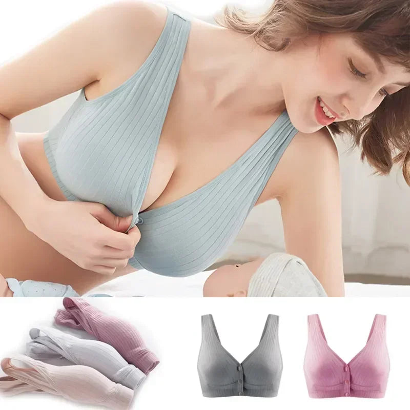 Soft Cotton Maternity Nursing Bra - Wire-Free Front-Closure Breastfeeding Bra for Pregnancy & Nursing