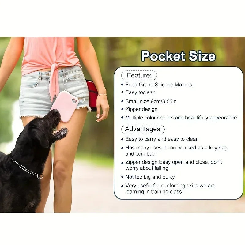 Portable Food-Grade Silicone Dog Treat Pouch — 1.5 Cup (360 ml) Leakproof Hands-Free Training Bag with Belt Clip & Carabiner