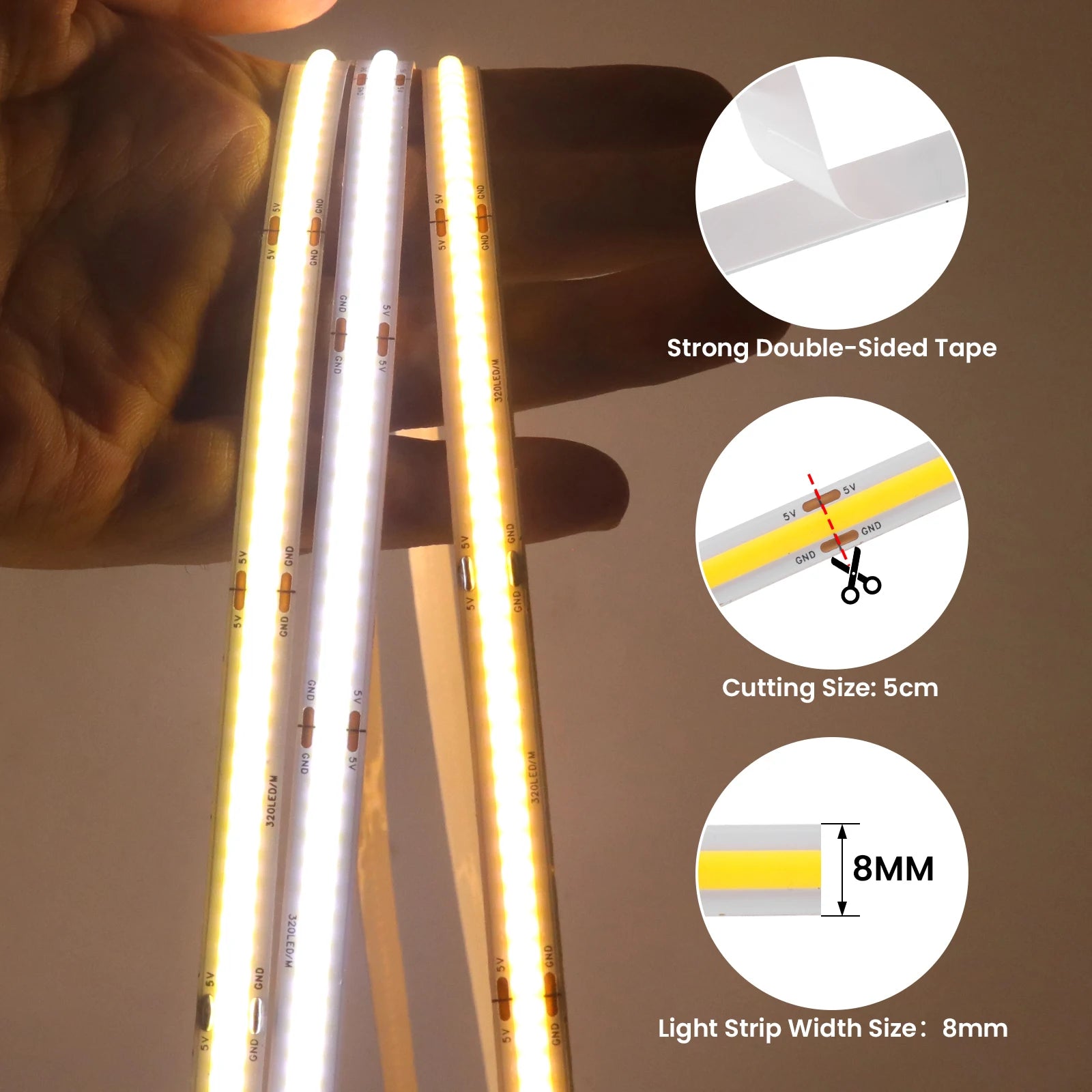 5V COB LED Strip Light with 3xAA Battery Box, 8mm 320 LEDs/m, 0.5–5m, Warm/Natural/Cool White, Adhesive Backing