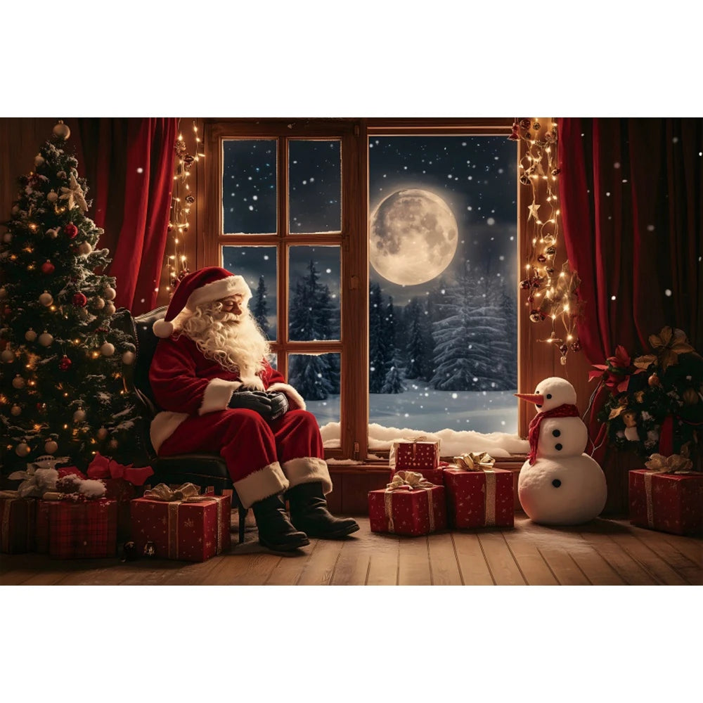 Christmas Photography Backdrop - Red Curtain & Window Scene with Snowy Bear and Gifts for Kids & Family Portraits