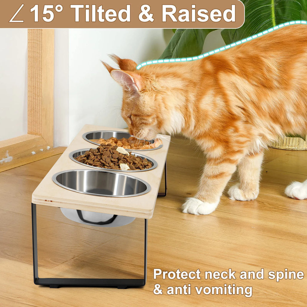 15° Tilt Elevated Cat Feeder - 3 Stainless Steel 18 oz (532 ml) Bowls with Wooden Stand for Cats & Puppies
