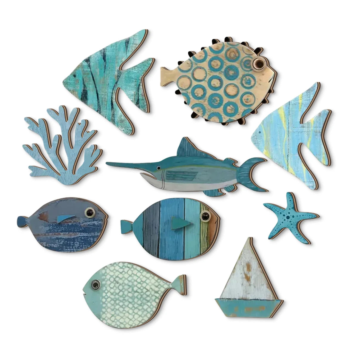 Handcrafted Wooden Ocean Wall Decor Set, Coastal Fish Coral Starfish & Sailboat Wall Art for Home and Bathroom