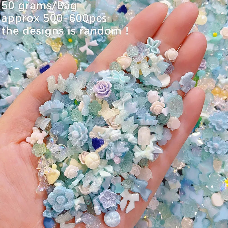 500pcs White Nail Charms & Pearls — Mixed Shapes (Heart, Bowknot, Star, Teardrop) Rhinestones for Nail Art & DIY Crafts